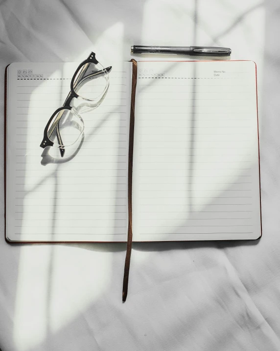 a note pad that has glasses on it