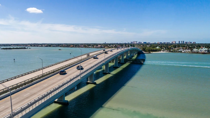 the bridge is high above the water and leads to a large city