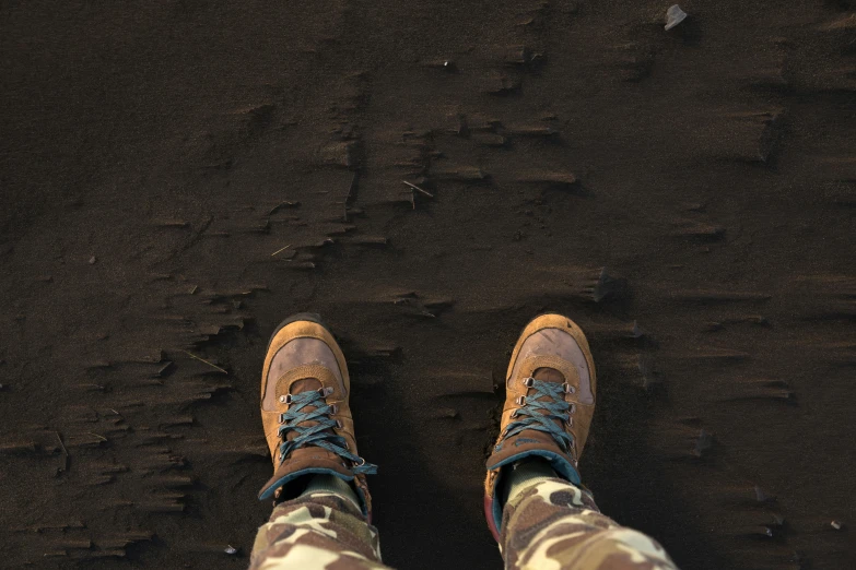 man with blue and orange shoes on looking up