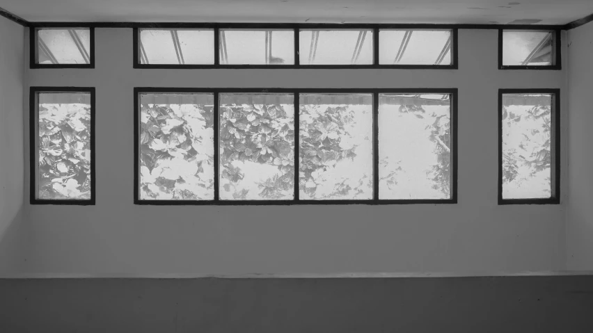 three windows and two bench in front of a bare wall