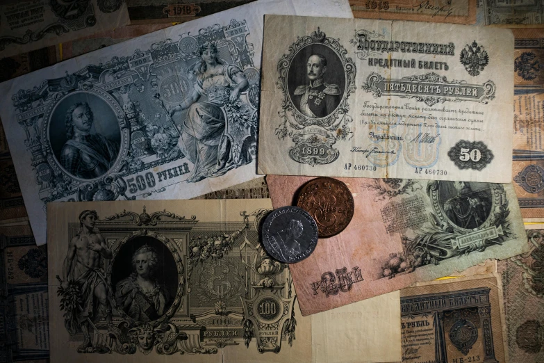 an assortment of currency is on display