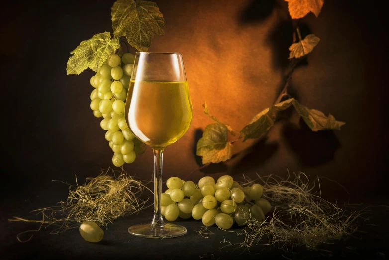 a glass of gs sits on the counter near some grass