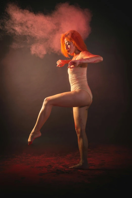 the  woman has orange hair and is posing in her underwear