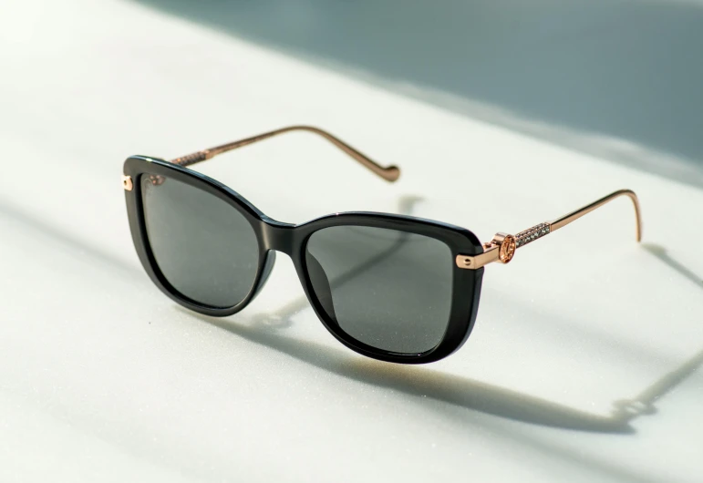 black sunglasses with gold rims and an intricate design on the temples