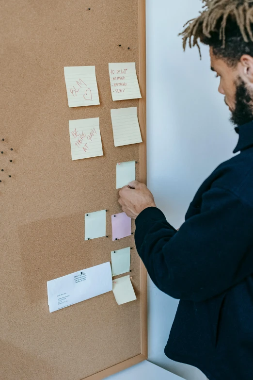 a person putting paper on a board that's displaying notes