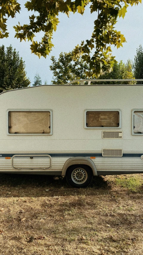 an rv parked on the grass near a tree