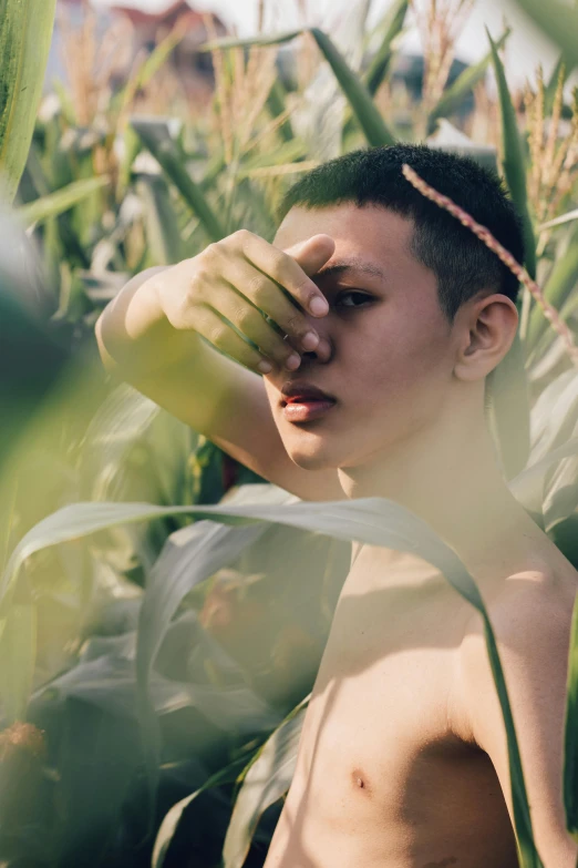 a man that is hiding his face behind a bunch of leaves