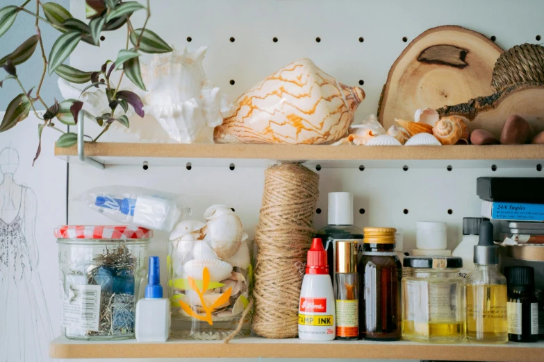 a shelf with jars and bottles on it