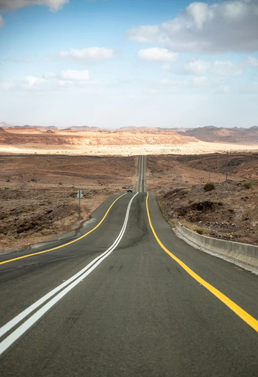 a wide open road with a lone yellow line leading up