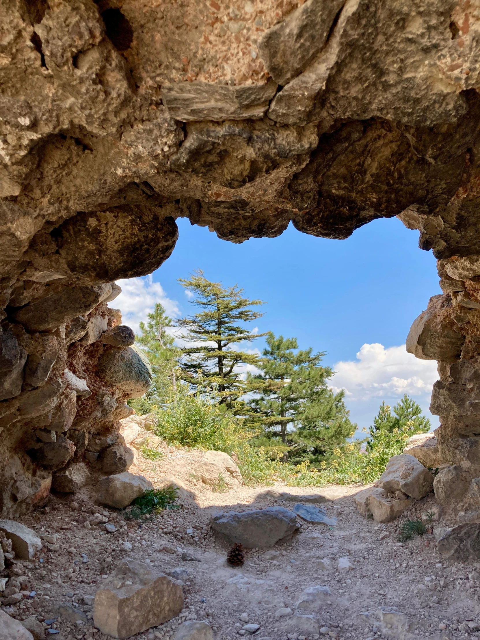 the view from inside a cave window looking out on a dirt road