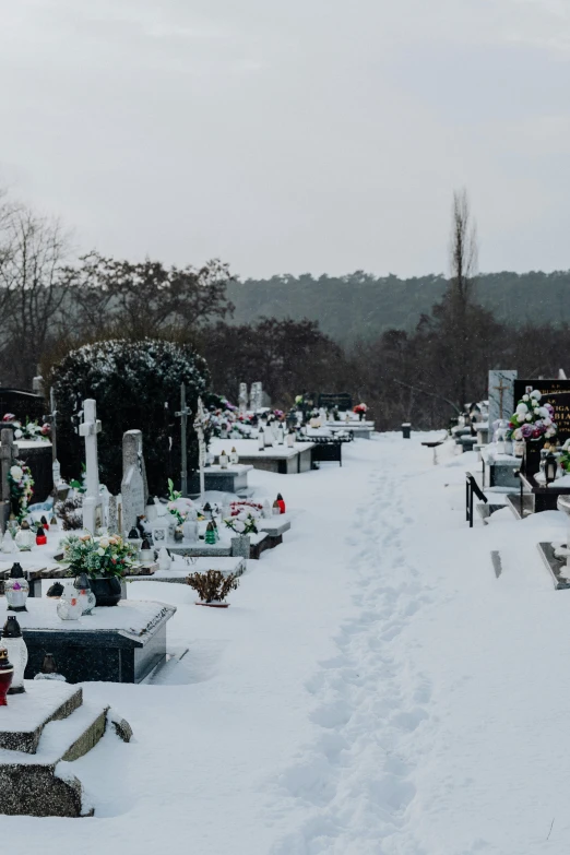 a snow covered cemetery is set up for a winter wedding