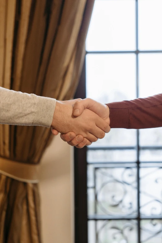 two people shake hands near a window