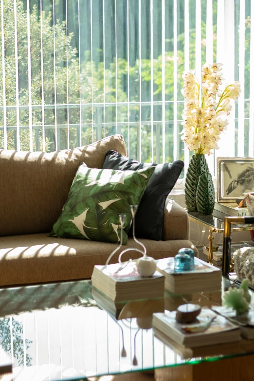 a couch, lamp and coffee table in a room