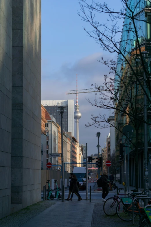 the view from a sidewalk looking out on a building