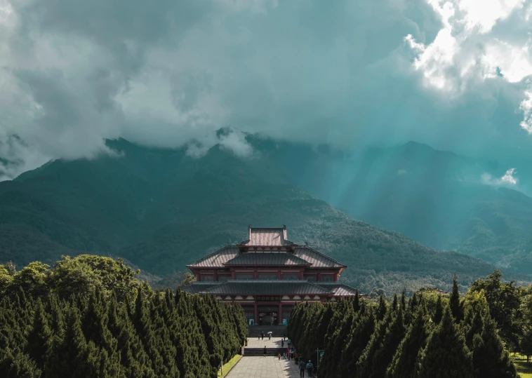 a view of a building near the trees