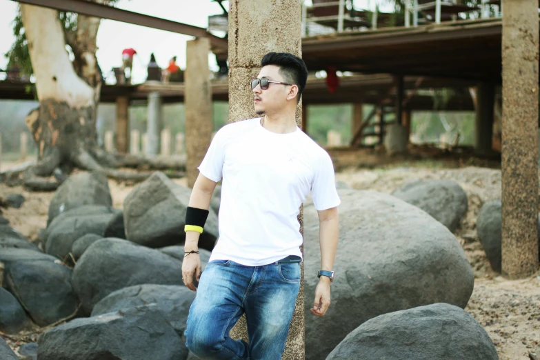 a man standing in front of large rocks