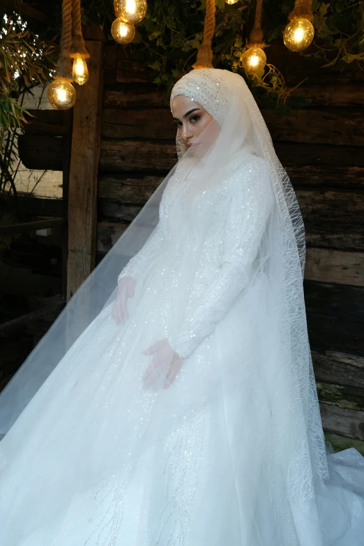 the woman is wearing a white veil and white dress