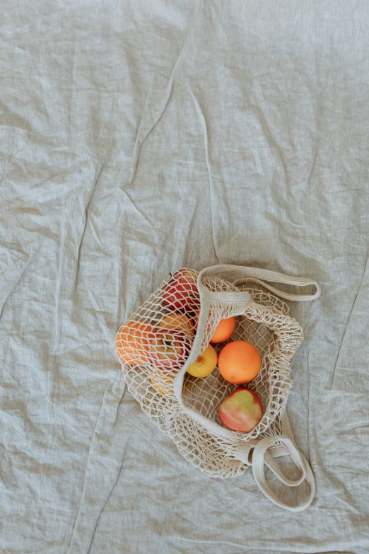 fruit in a mesh bag on a sheet