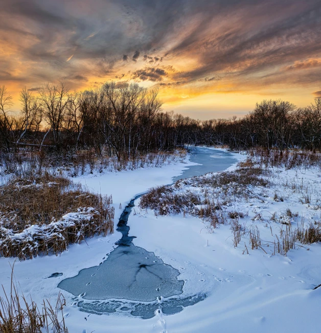 a trail winds through snow covered grass near water