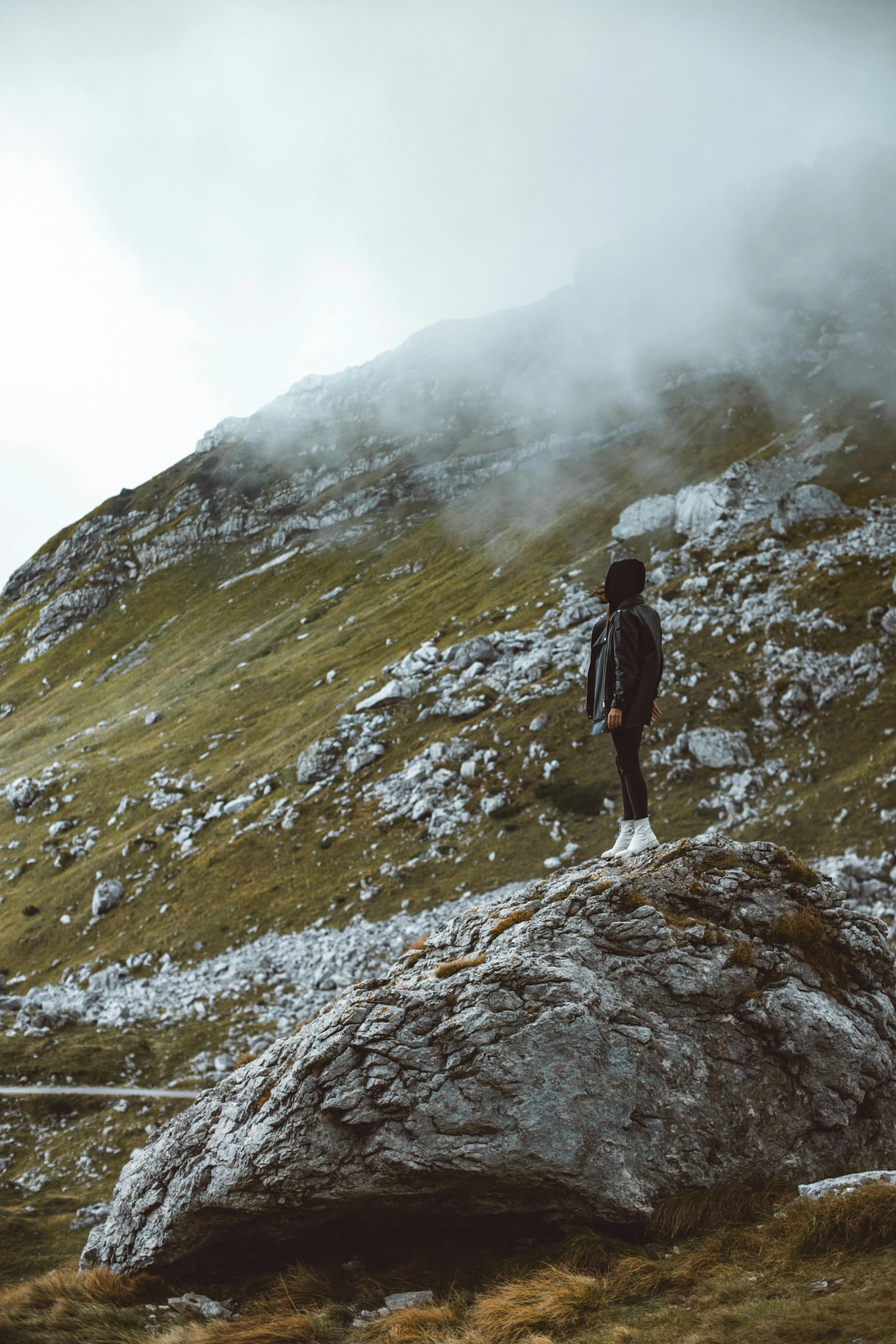 a person standing on the side of a mountain with their back to a camera