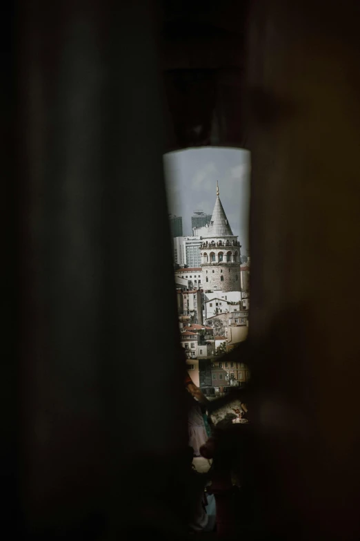 a coffee cup with city seen through it