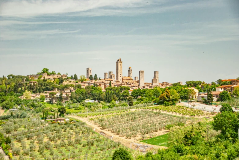 a city, a hill with trees and buildings on the side