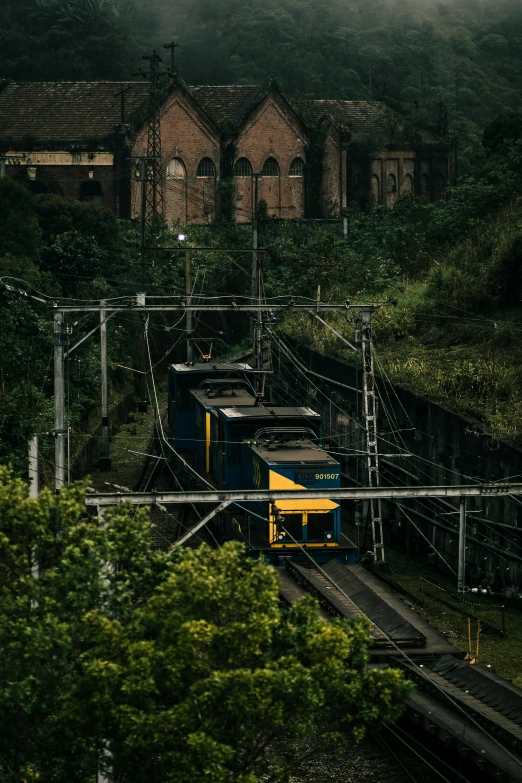 a blue train traveling through a lush green countryside