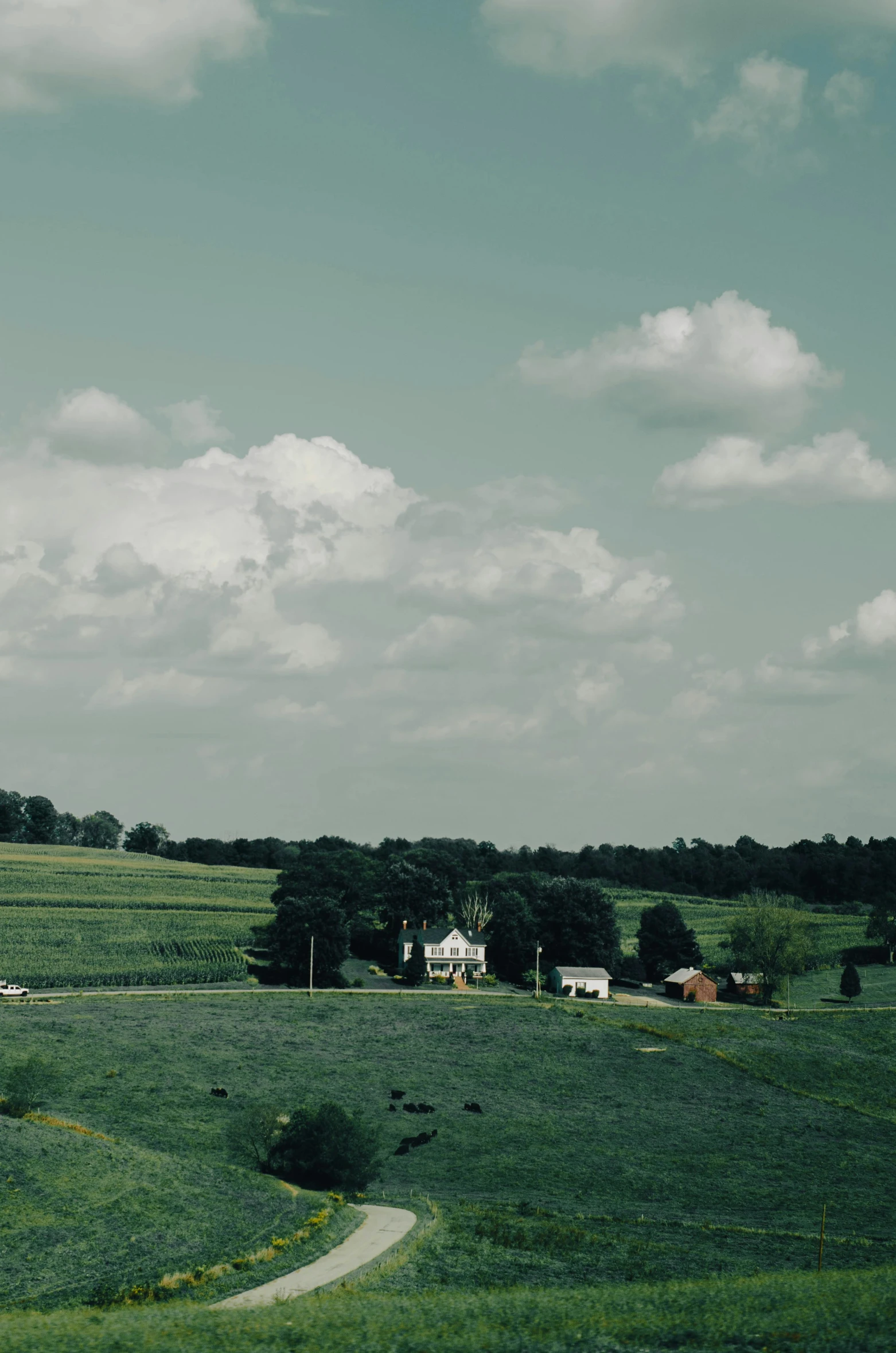 green landscape with farm buildings and clouds in background