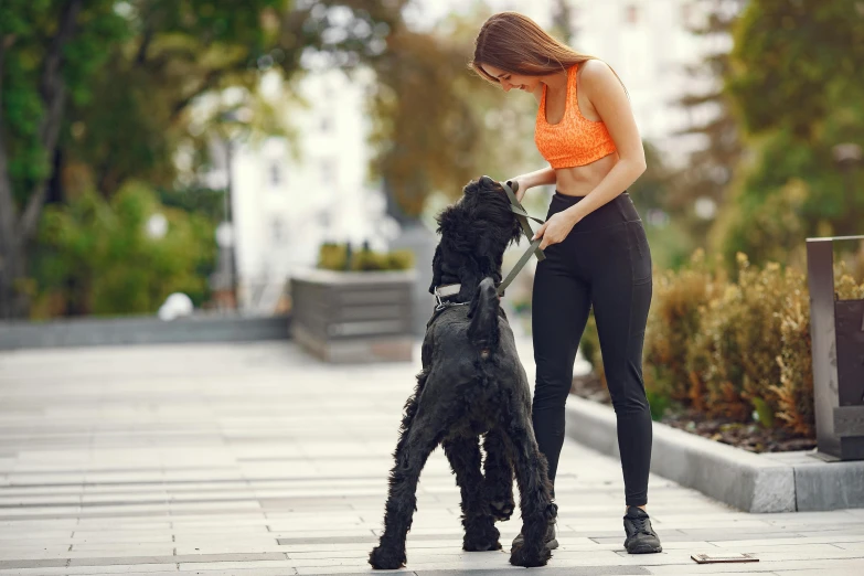 a woman holds the leash of her dog