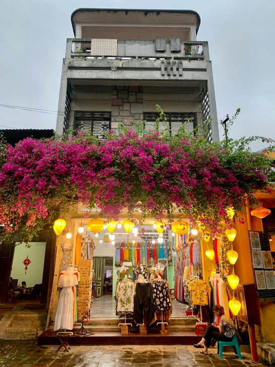 a large building covered in lots of purple flowers