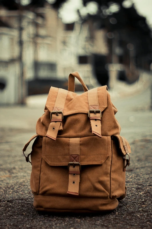 the back of a brown canvas backpack laying on the street