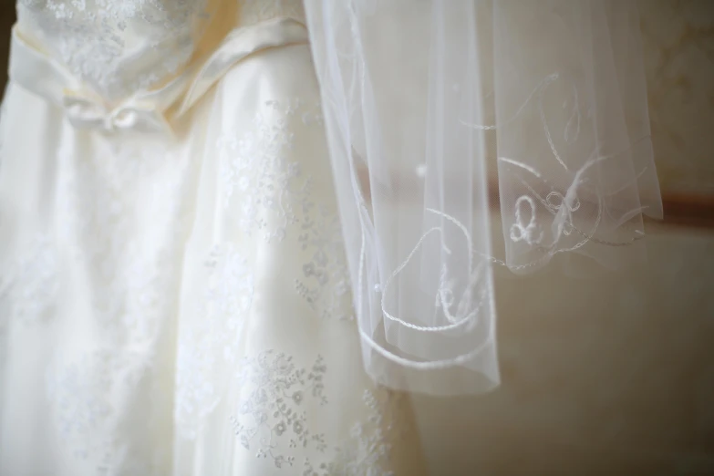 a close up s of a white wedding dress on display