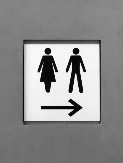 two signs with a arrow going into the man and woman bathroom