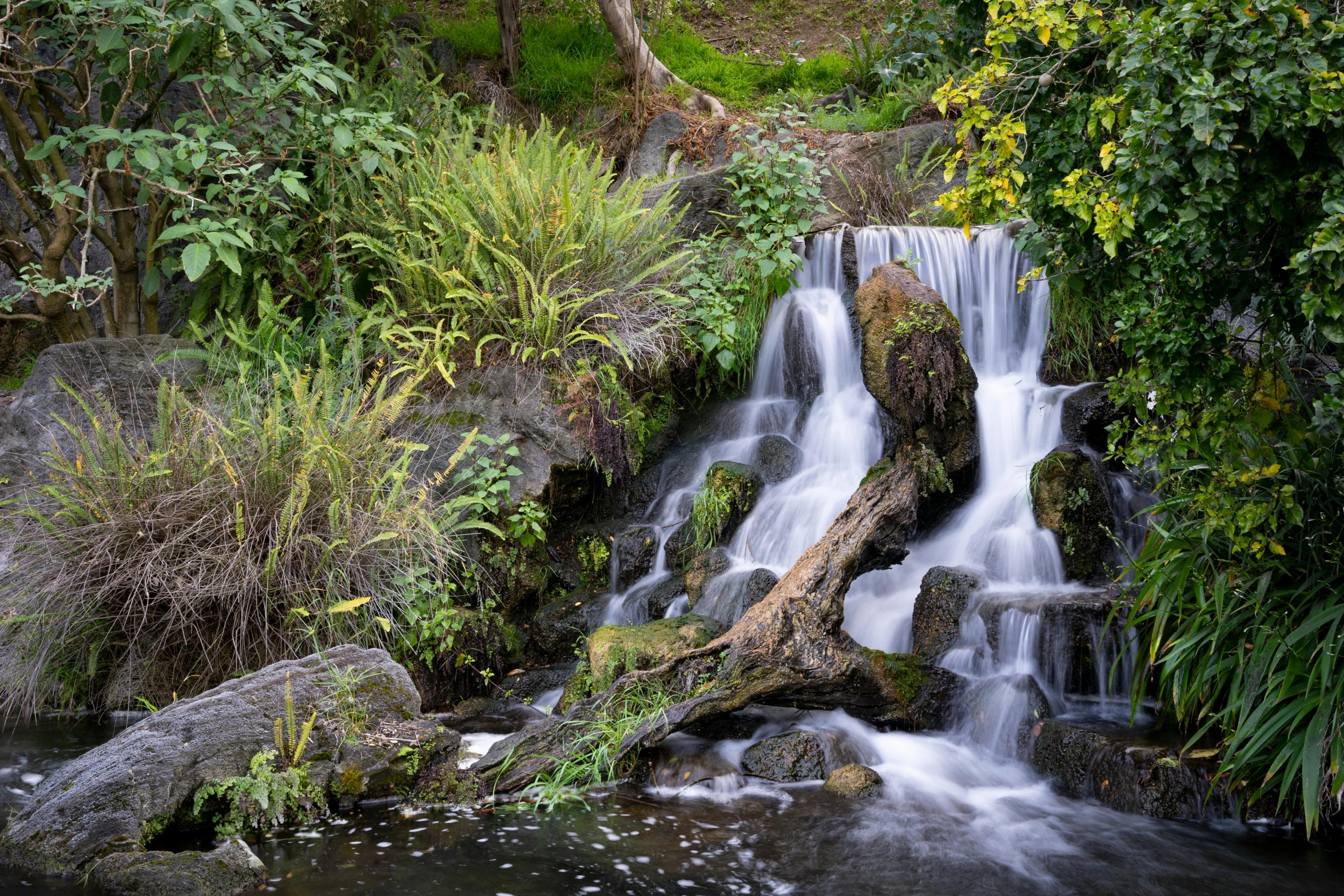 an overflow waterfall in a green mountain