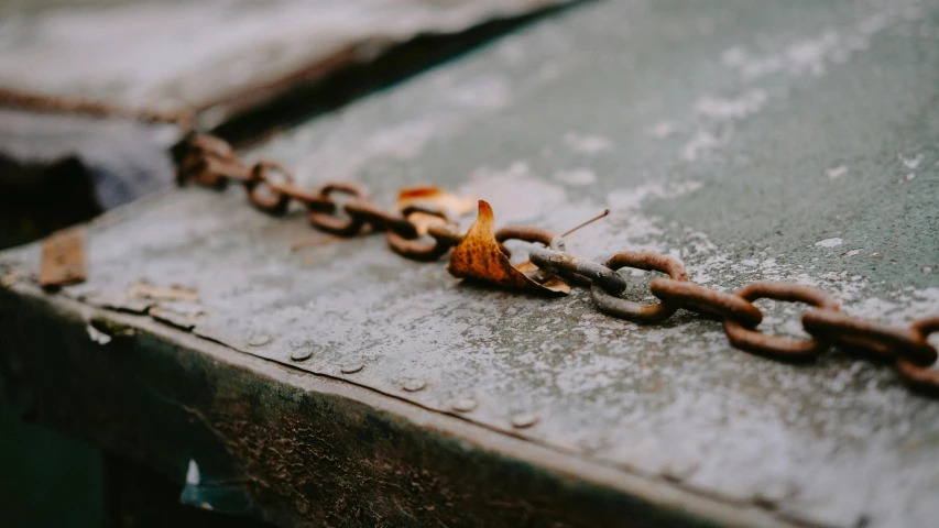 rusty chain laying on a wooden surface with rusted up metal bars