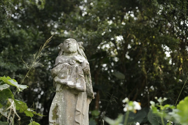 a statue is shown with trees and foliage in the background