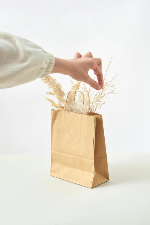 a hand holds a paper bag with dried plant inside