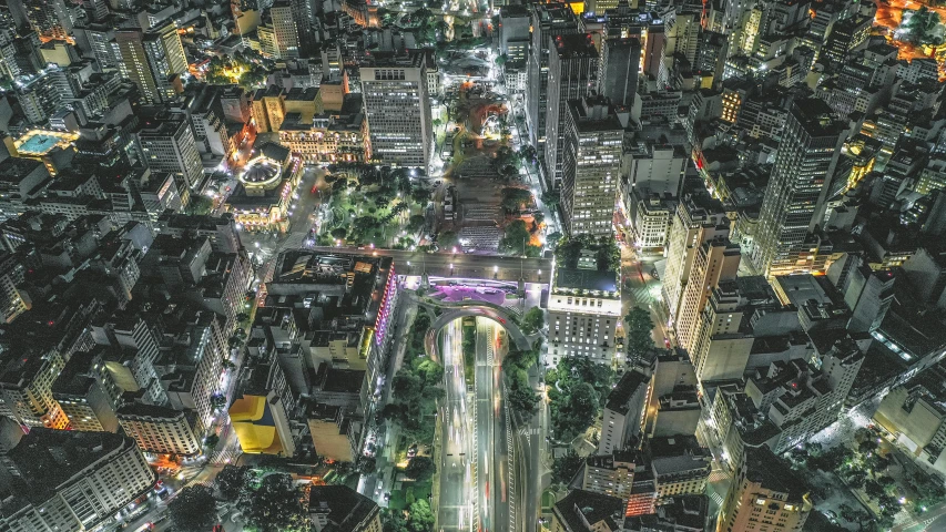 an aerial view of a city at night time