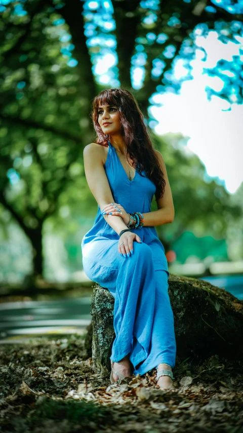 woman in blue dress sitting on rock by tree