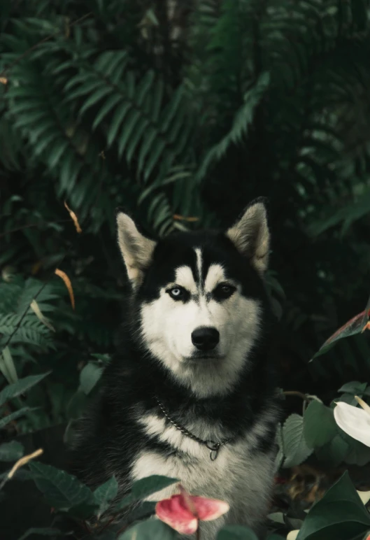 an siberian husky dog in a field of flowers