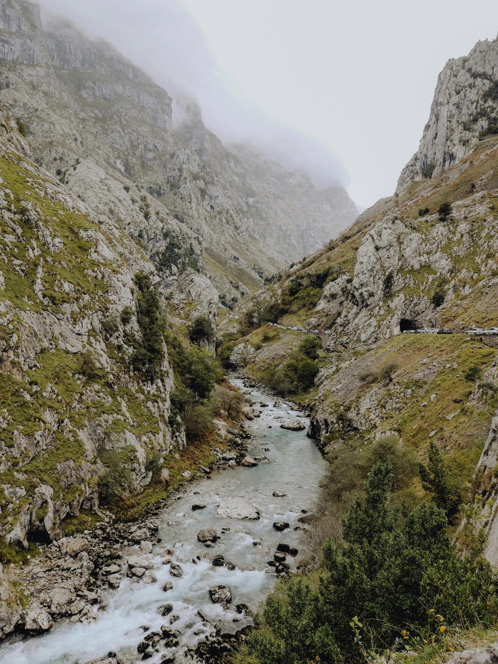 a view of a small river flowing through the mountains