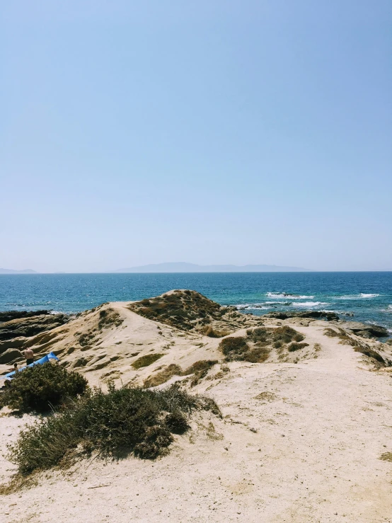 a sandy beach with a grassy hill that is next to the water