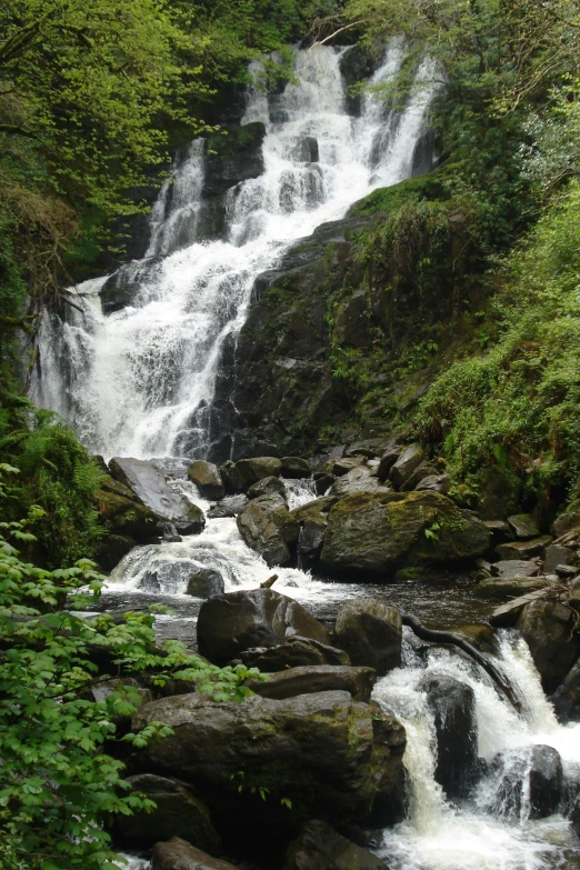 an image of waterfall with many boulders and leaves