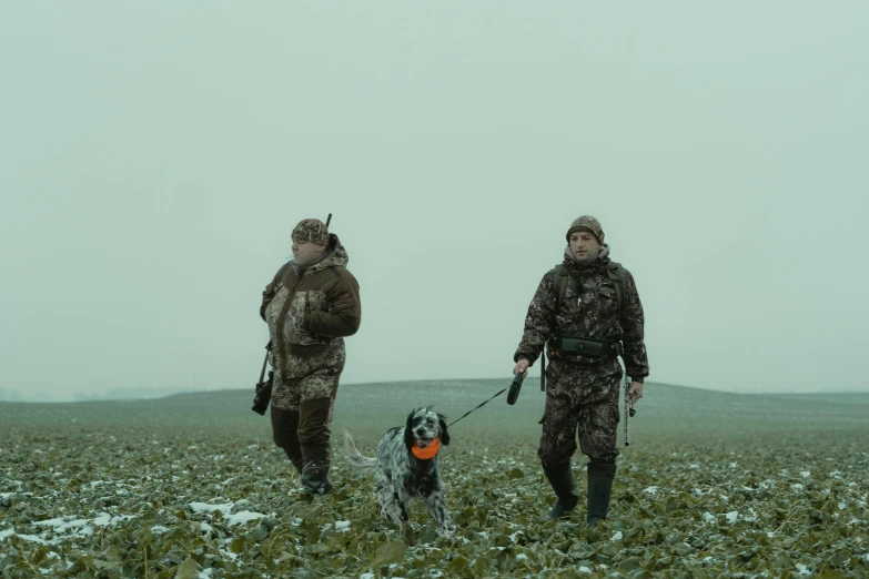 two men walking their dogs through a field