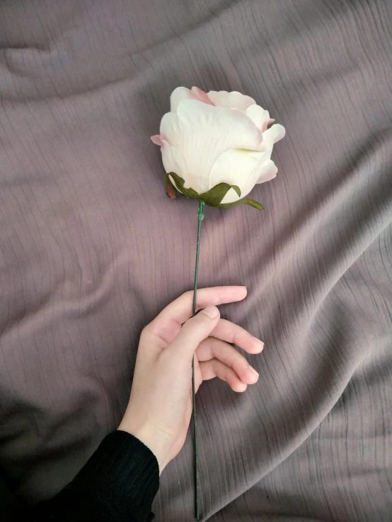 a person with their hand on a flower on top of a bed