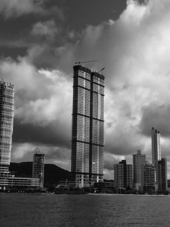 a black and white po of buildings in a large city