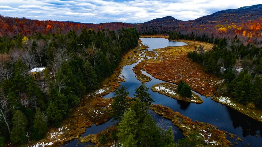 an aerial s of a river surrounded by woods