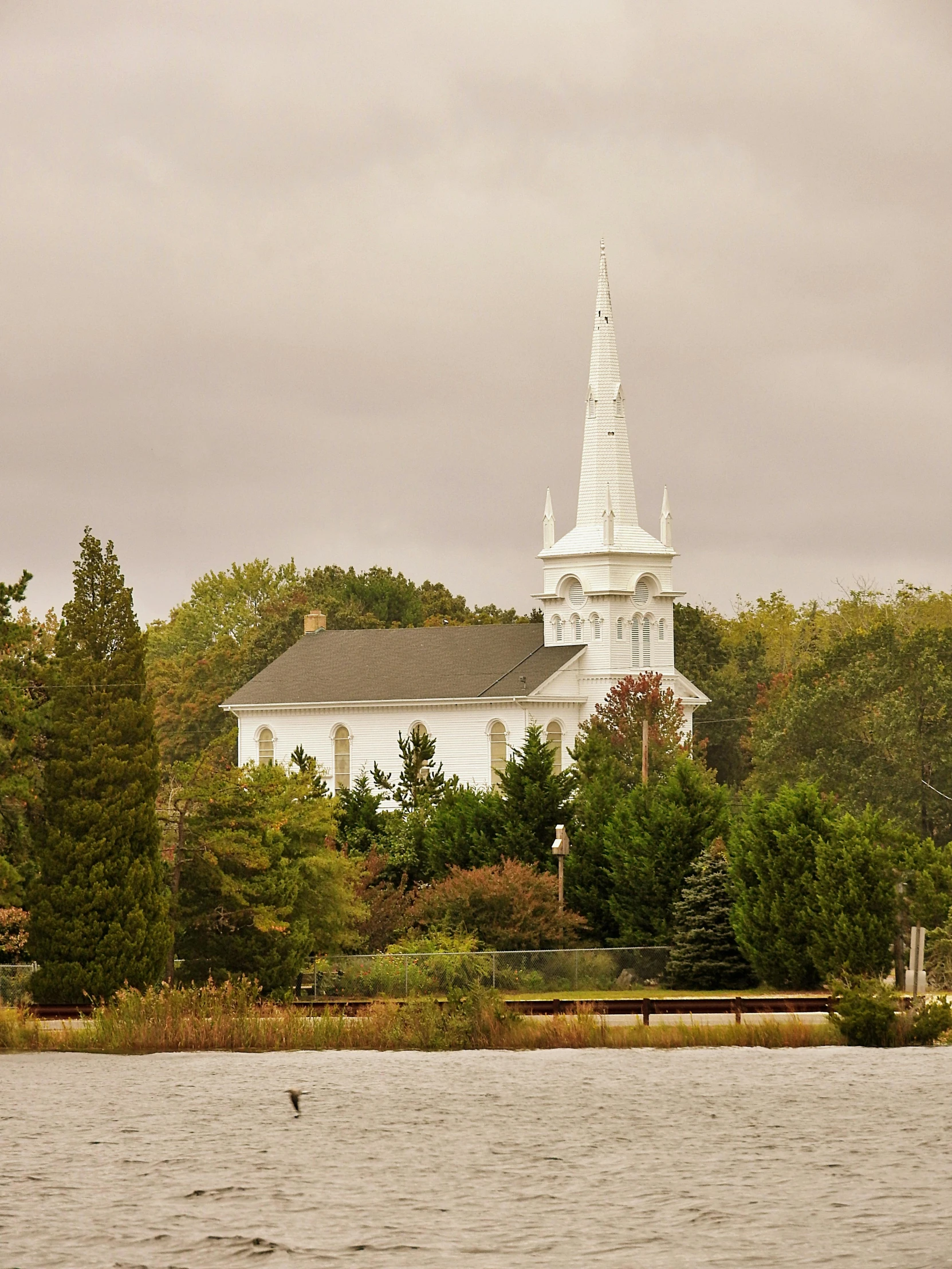 a church across the water near a forest