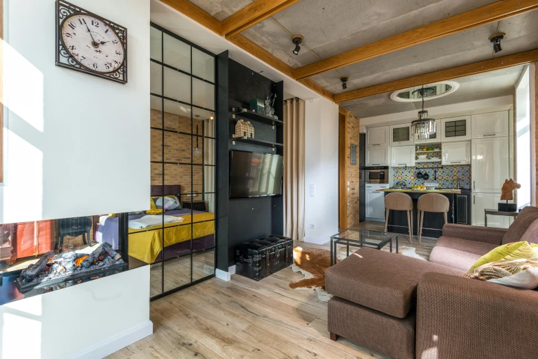 a room with some furniture and a large clock