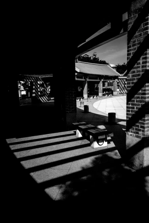 a bench and some benches in a black and white po